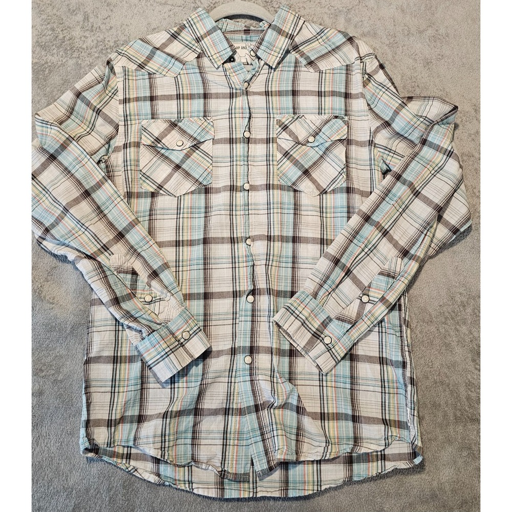 Warp and Weft Mens M Long Sleeve Western Pearl Snap Plaid Stretch Country